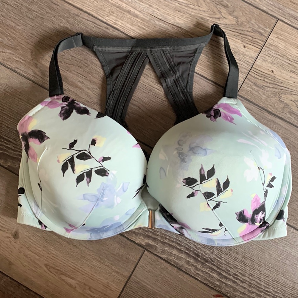 Green floral front close racer back bra